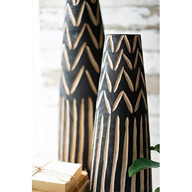 Kalalou CFAN1036 Tall Black Wooden Vases with Carving Set of 2