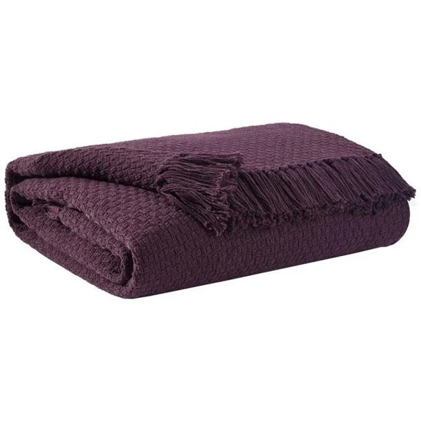 Benzara 60 x 50 Cotton Throw with Textured and Fringe Details, Set of 3, Purple