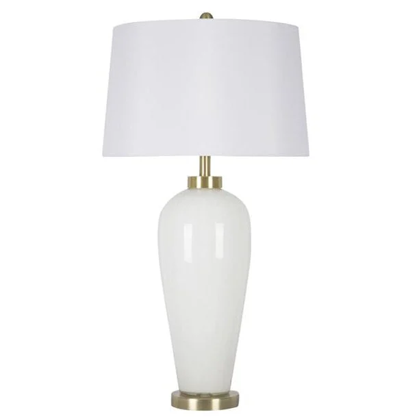 Benzara Fabric Shade Table Lamp with Grooved Glass Support and Round Base, White