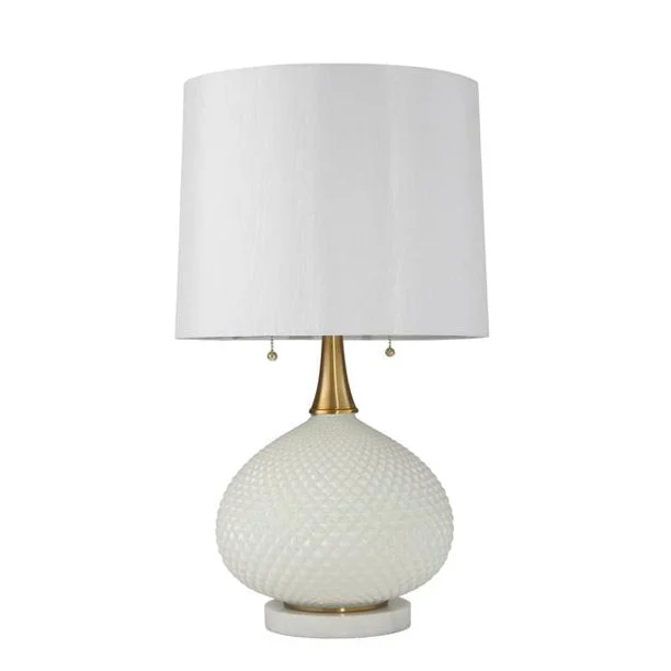 Benzara 27 Inch Glass Table Lamp with Round Base and Carved Diamond Pattern, White