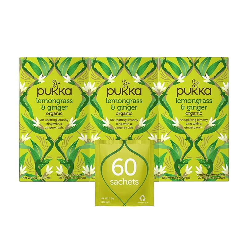 Pukka Herbs Lemongrass And Ginger Herbal Tea, 60 ct, Pack of 3