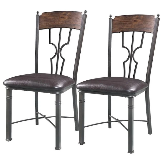 Benzara Metal Framed Side Chair with Leatherette Seat and X Shape Stretcher, Gray and Brown, Set of 2