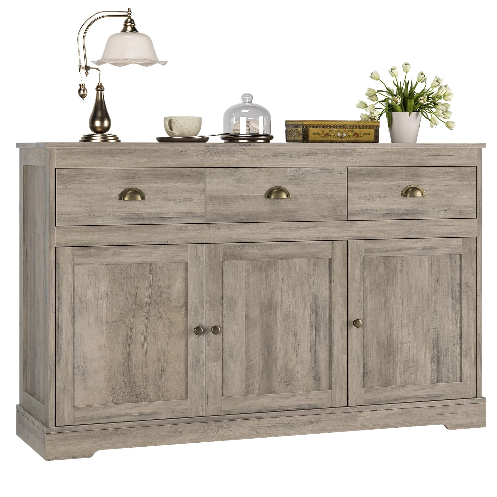 Homfa Sideboard Storage Cabinet with 3 Drawers & 3 Doors, 53.54” Wide Buffet Cabinet for Dining Room, Gray