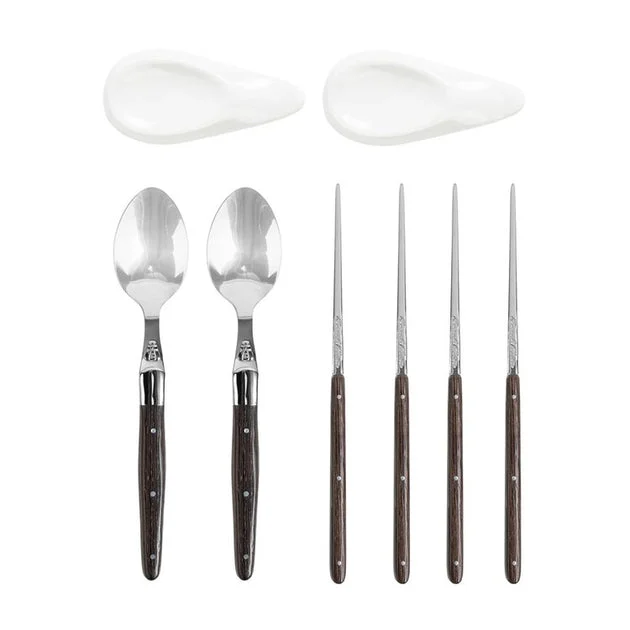 Wenge Wood Chopsticks, Laguiole Spoons, and Ceramic Rests Set of 2 Pairs