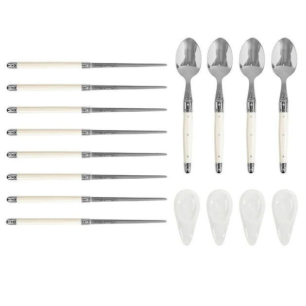 Faux Ivory Chopsticks, Laguiole Spoons, and Ceramic Rests Set of 4 Pairs