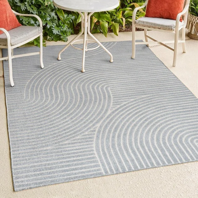 Hallie High-Low Minimalist Curve Geometric 4' x 6' Indoor/Outdoor Area Rug - Light Blue/Cream