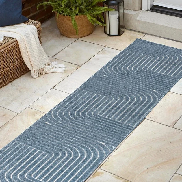 Odense High-Low Minimalist Angle Geometric 2' x 8' Indoor/Outdoor Runner Rug - Dark Blue/Cream