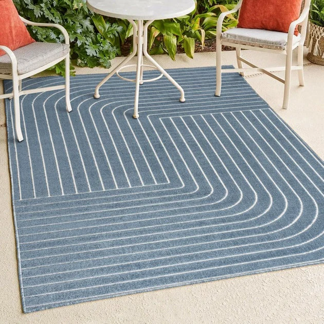 Odense High-Low Minimalist Angle Geometric 3' x 5' Indoor/Outdoor Area Rug - Dark Blue/Cream