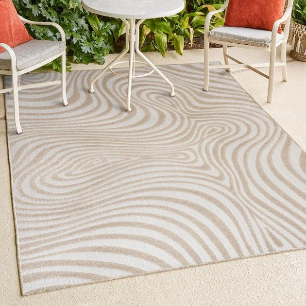 Maribo High-Low Abstract Groovy Striped 4' x 6' Indoor/Outdoor Area Rug - Beige/Cream