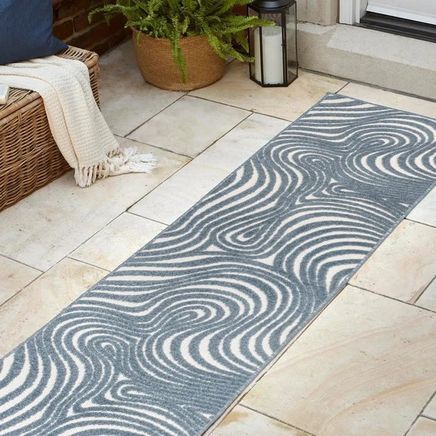 Maribo High-Low Abstract Groovy Striped 2' x 8' Indoor/Outdoor Runner Rug - Dark Blue/Cream