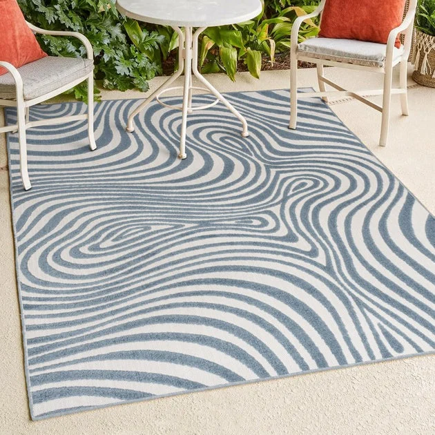 Maribo High-Low Abstract Groovy Striped 8' x 10' Indoor/Outdoor Area Rug - Dark Blue/Cream