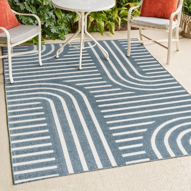 Anders High-Low Mid-Century Modern Arch Stripe Two-Tone 3' x 5' Indoor/Outdoor Area Rug - Navy/Cream