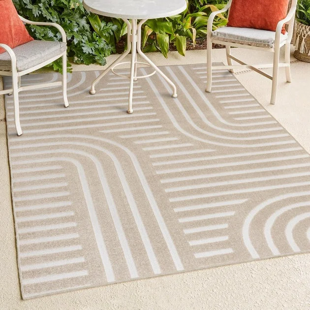 Anders High-Low Mid-Century Modern Arch Stripe Two-Tone 3' x 5' Indoor/Outdoor Area Rug - Beige/Cream