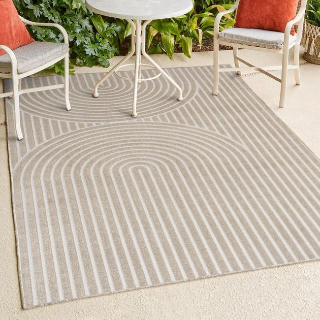 Sofia High-Low Mid-Century Modern Arch Stripe Two-Tone 3' x 5' Indoor/Outdoor Area Rug - Beige/Cream