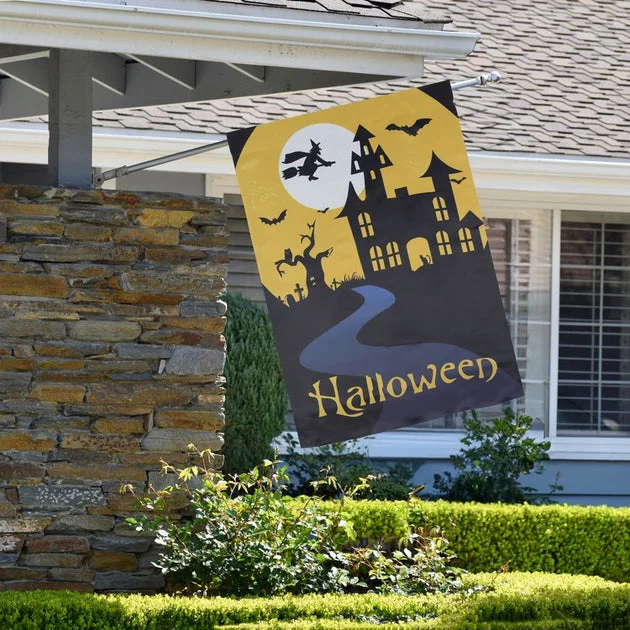 28" x 40" Spooky House with Bats and Witch Halloween Outdoor House Flag