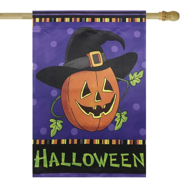 28" x 40" Happy Halloween Pumpkin In A Witch Hat Outdoor House Flag