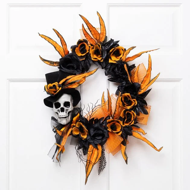 14" Unlit Skull with Black and Orange Roses Halloween Wreath