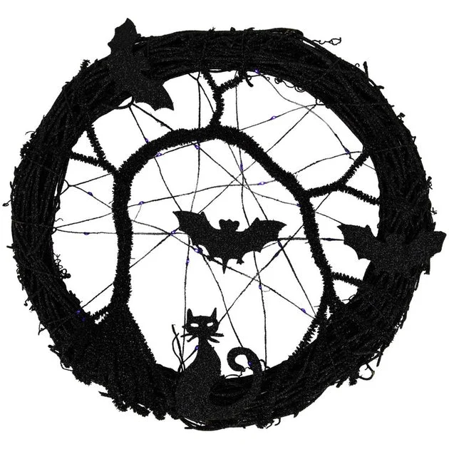 13" LED Lighted Black Twig Halloween Wreath with Bats and Purple Lights