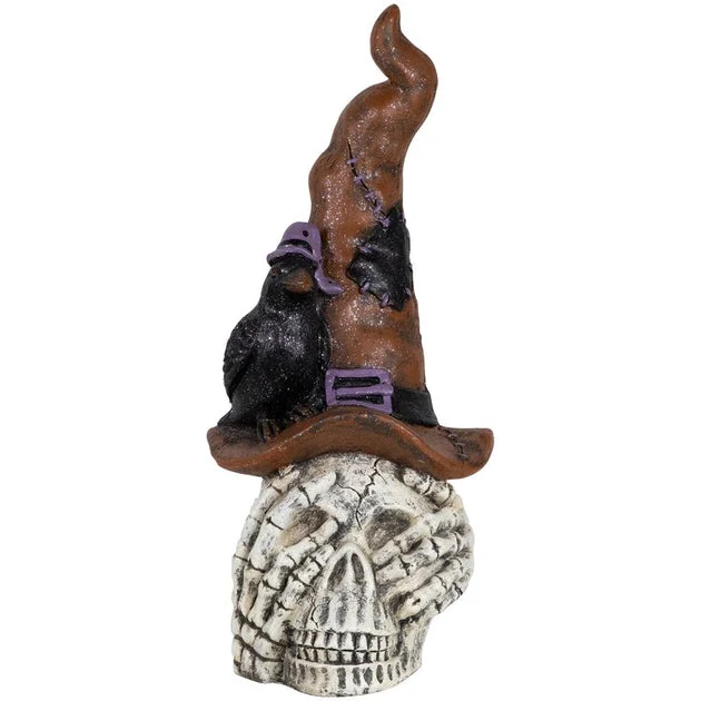 22.75" Skull In Witches Hat with Crow Halloween Decoration