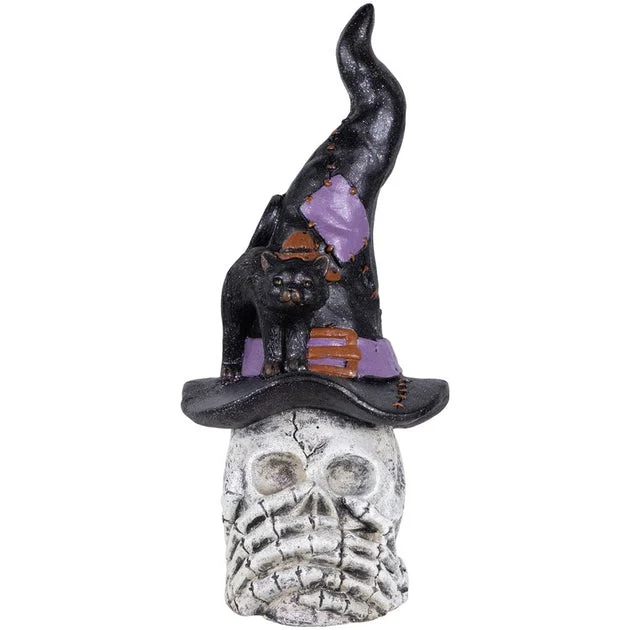 22.75" Skull and Skeleton Hands In Witch Hat with Black Cat Halloween Decoration