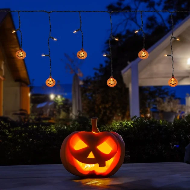 25-Count LED Lighted Pumpkin Halloween Curtain Icicle Lights with Orange Lights and 5.25' Black Wire