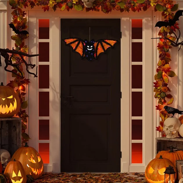 25" Black and Orange Lighted Bat Halloween Decoration with Purple LED Lights