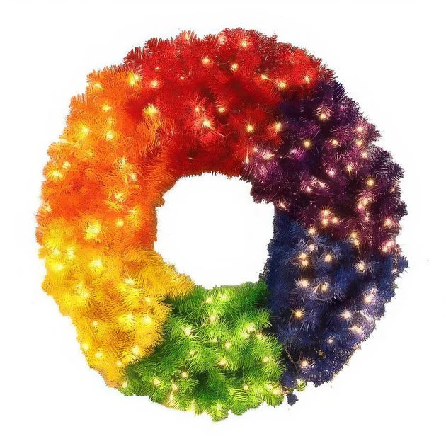 36" Pre-Lit Rainbow Wreath Artificial Christmas Wreath with 150 Clear Staylit Lights