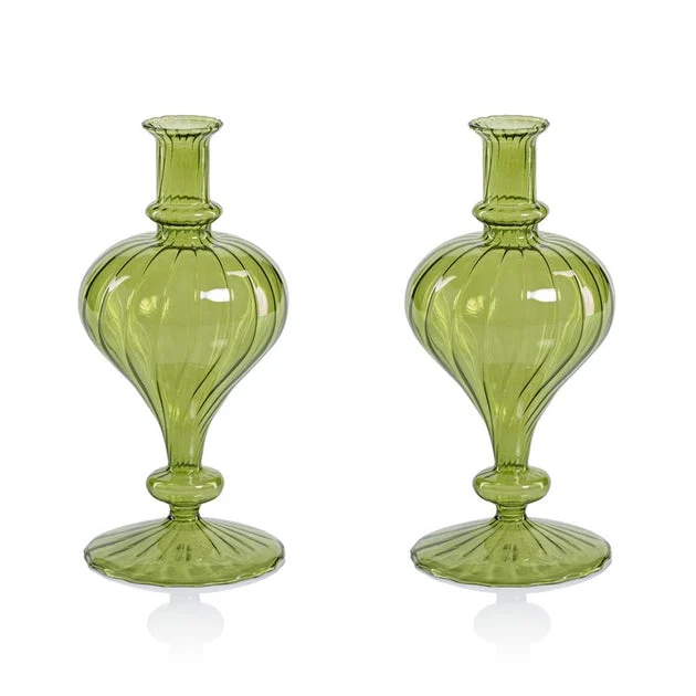 Vase Vellum Spiral Decorative 1 Set of 2 Green Borosilicate Glass