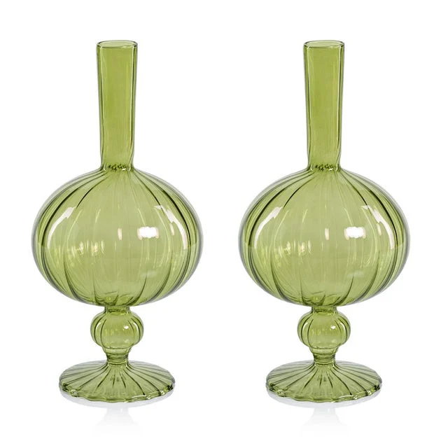 Vase Vellum Spiral Decorative 2 Set of 2 Green Borosilicate Glass