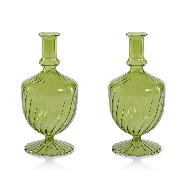 Vase Vellum Spiral Decorative 3 Set of 2 Green Borosilicate Glass