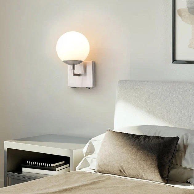 Sconce Globe 1 Lamp Satin Nickel White Glass