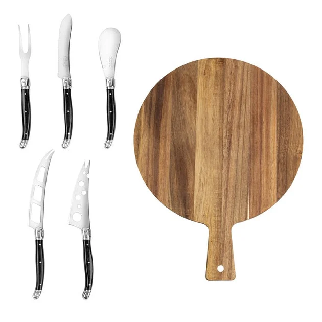 Knife Set with Cheese Board 6PC Black Acrylic/Stainless Steel/Wood