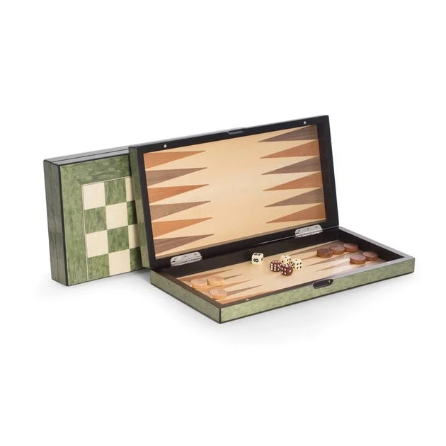 15.5" Lacquer Finished Green Inlaid Wood Backgammon and Chess Set - OPEN BOX