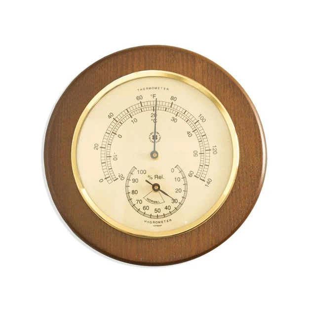 5" Cherry Wood Thermometer and Hygrometer with Brass Bezel - OPEN BOX