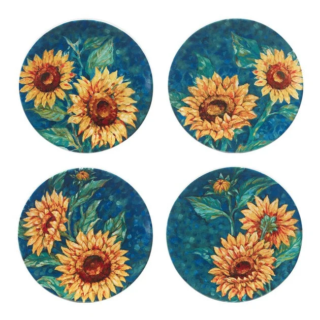 Dinner Plate Set Golden Sunflowers 4PC 11 Inch Multicolored Earthenware