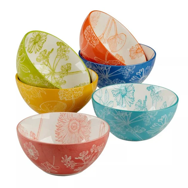 Bowl Set Botanical All Purpose Assorted 6PC 13 Ounce Multicolored