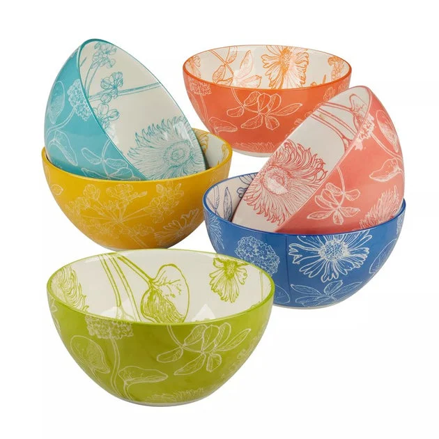 Bowl Set Botanical All Purpose Assorted 6PC 30 Ounce Multicolored