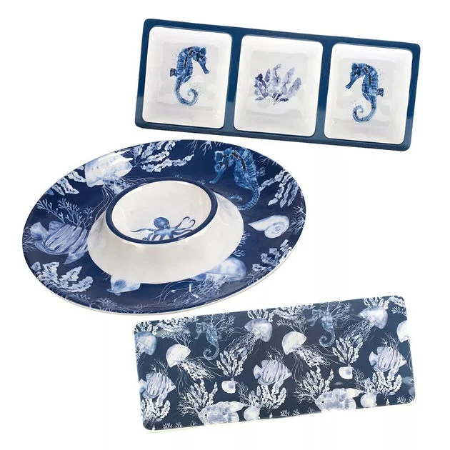 Chip and Dip Set Sea Life Hostess 3PC Multicolored Melamine