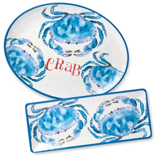 Platter Set Beach House Crab 2 Piece Blue/White/Red Melamine