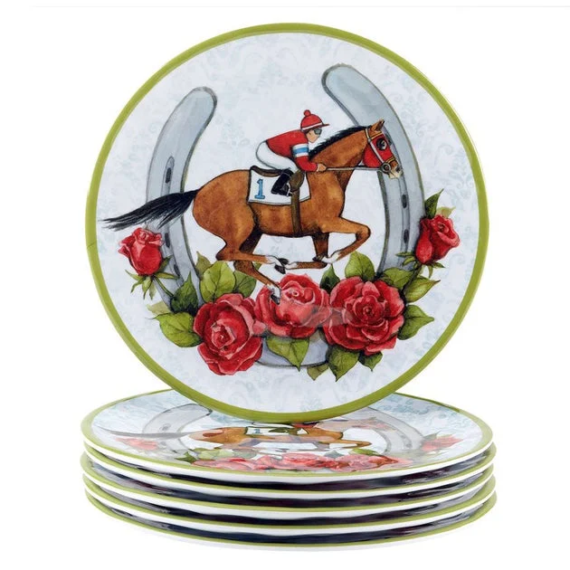 Salad Plate Set Derby Day at the Races 6 Piece Multicolored Melamine