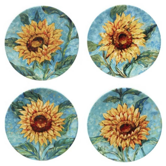 Salad Plate Set Golden Sunflowers 4 Piece Multicolored Earthenware