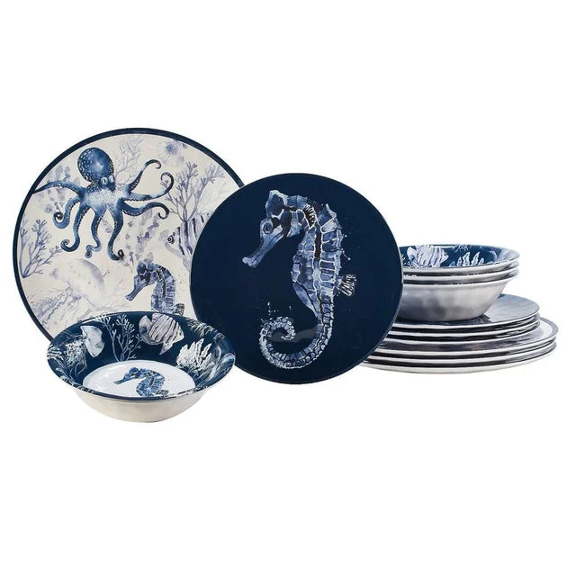 Dinnerware Set Sea Life 12 Piece Blue Melamine