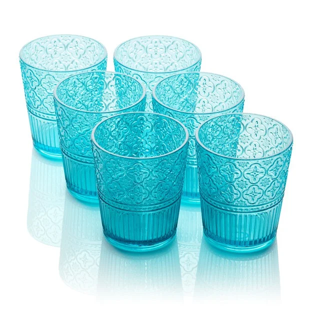 Glassware Set Victoria Double Old Fashion 16 Ounce Aqua Acrylic 6 Piece