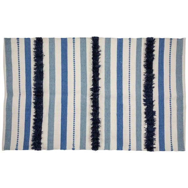 3.5' x 2.25' Blue Cream and Black Striped Handloom Woven Outdoor Accent Throw Rug