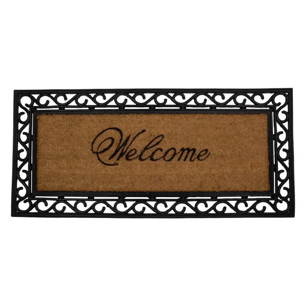 22" x 48" Black and Natural Coir Rectangular "Welcome" Doormat