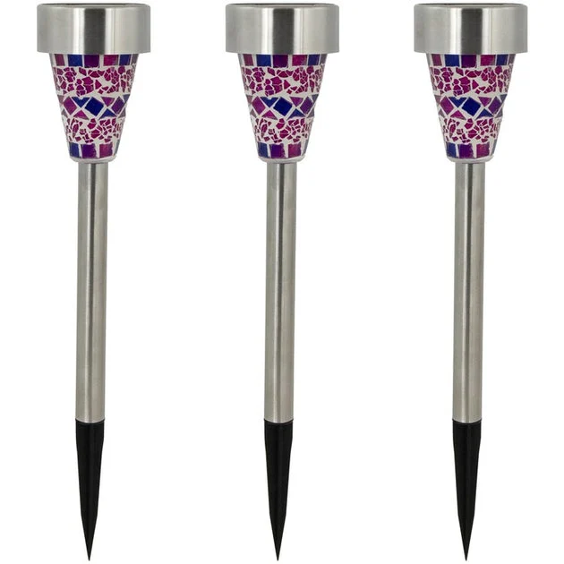 15.5" Purple Mosaic Stained Glass Solar Powered LED Pathway Markers Set of 3
