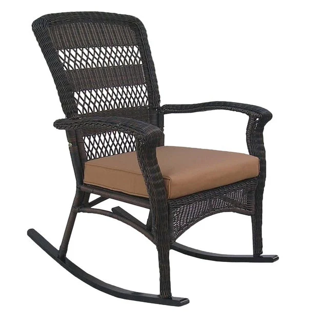 42" Dark Brown Resin Wicker Rocker Chair with Cushion