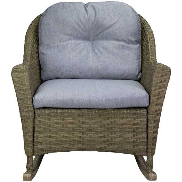 34" Gray Resin Wicker Deep Seated Rocker Chair with Gray Cushions
