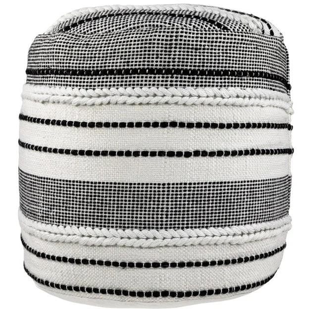 18" Striped Outdoor Woven Pouf Ottoman - White/Black