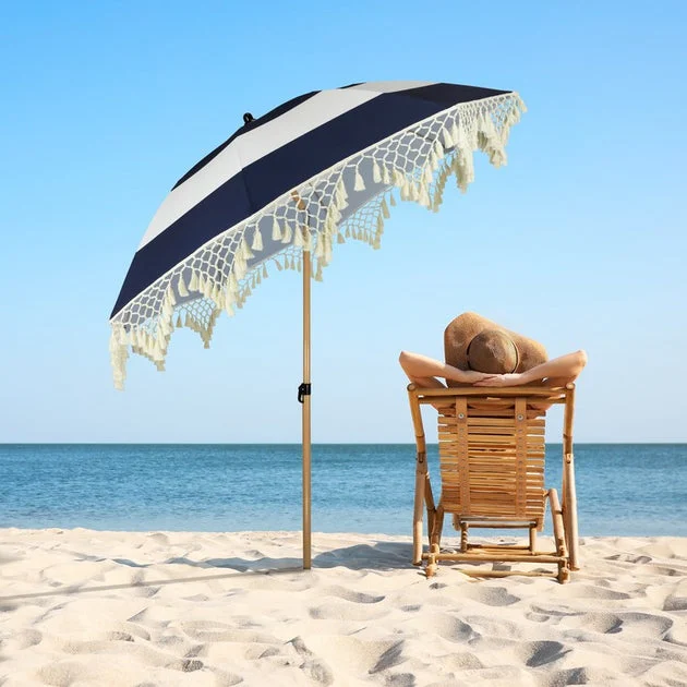 6.5' Striped Outdoor Beach Market Umbrella with Tilt - Blue/White
